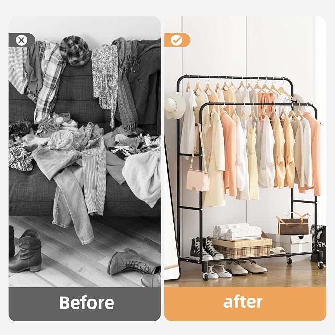 Sooyee Double Rod Clothing Rack with Wheels, 3 Tier, Black | Garment Racks for Hanging Clothes, Portable, 4 Hooks, For Bedroom, Laundry Room