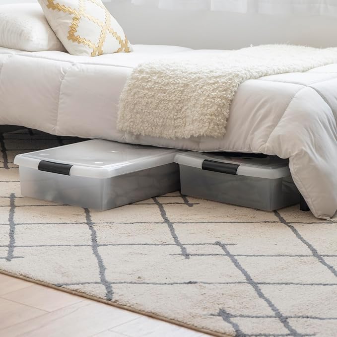 IRIS USA 3-Pack, 40 Qt. Under Bed Storage Bin with Lids, Black/Clear | Store seasonal clothing, shoes, blankets, linens and household essentials neatly under beds to maximize storage space