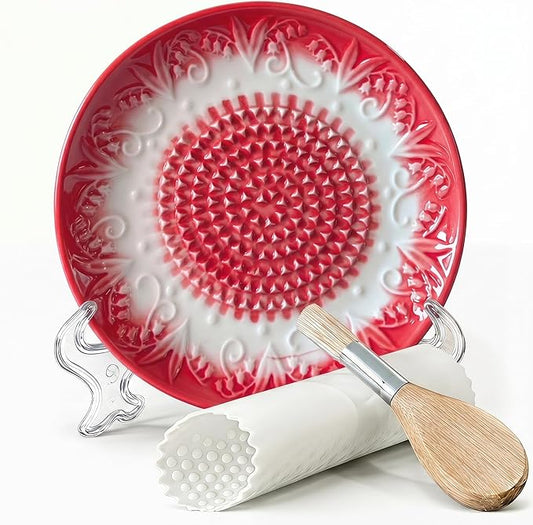 Handcrafted Ceramic Garlic Grater Plate 4-Pc Set, 5.12" Handmade Porcelain Grinding Dish with Wooden Boar Bristle Brush & Textured Silicone Peeler, Ruby Red Embossed Lily