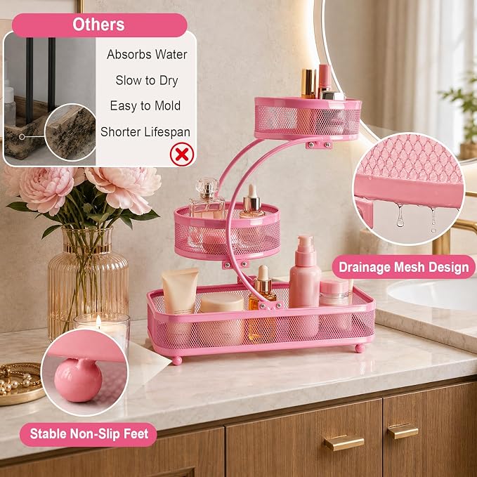 3 Tier Bathroom Counter Organizer-Perfume Organizer | Makeup Organizer For Vanity, Metal Shelf Organizer With Water-Resistant Open Design And Strong Load Capacity, Pink