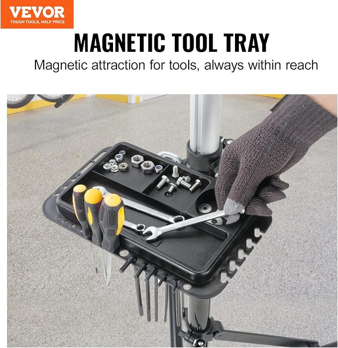VEVOR Bike Repair Stand, 66 lbs Heavy-duty Aluminum Bicycle Repair Stand, Adjustable Height Bike Maintenance Workstand with Magnetic Tool Tray Telescopic Arm, Foldable Bike Work Stand for Home, Shops