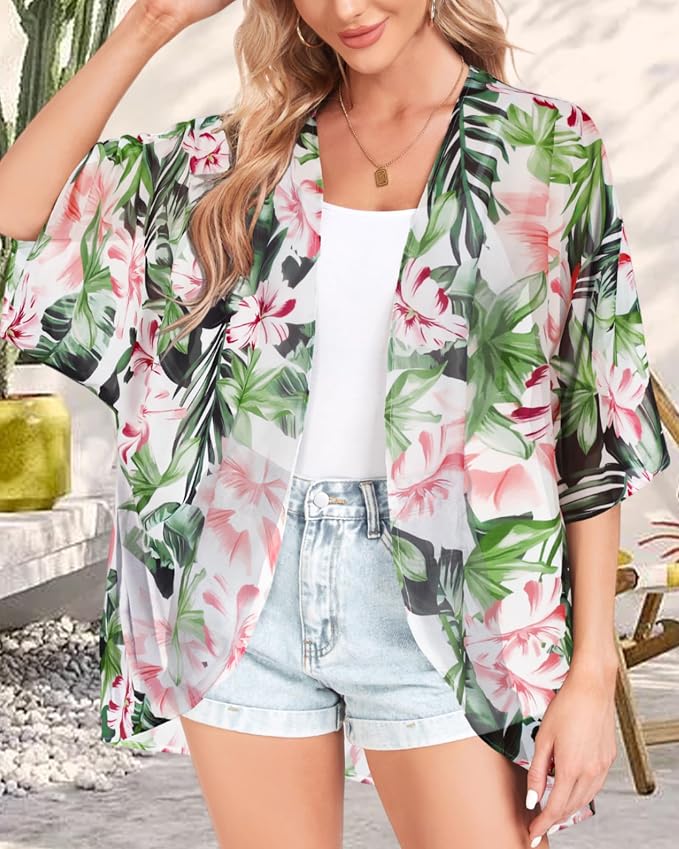 Women Kimono Cardigans Summer Cover Up Hawaiian Shirts Floral Print Tops | ROSEMIA chiffon kimono open front cardigans, beach cover ups, daily casual tops, cruise outfits, summer resort wear