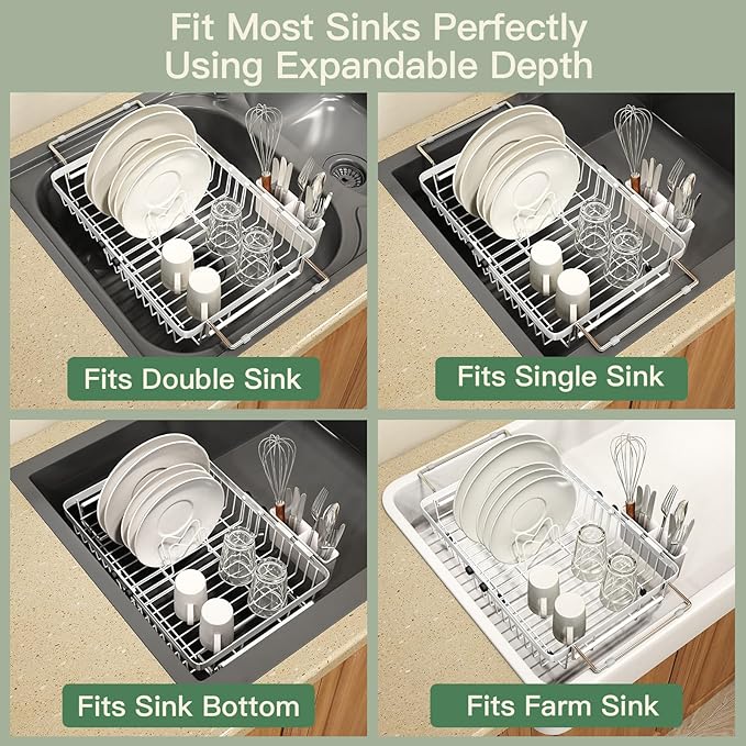 MAJALiS White Dish Drying Rack Over The Sink with Utensil Holder | Expandable Stainless Steel Dish Drainer for Small Kitchen, Apartment, RV, Counter Space Saving, Perfect Fit, Rustproof