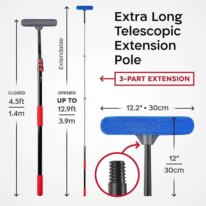 20 Feet High Reach Professional Window Squeegee with Extension Pole | 5-13ft Squeegee for Windows Cleaning | Outdoor Window Cleaner Tool, Windows Washing Kit with Extension Pole | Window Cleaning Kit