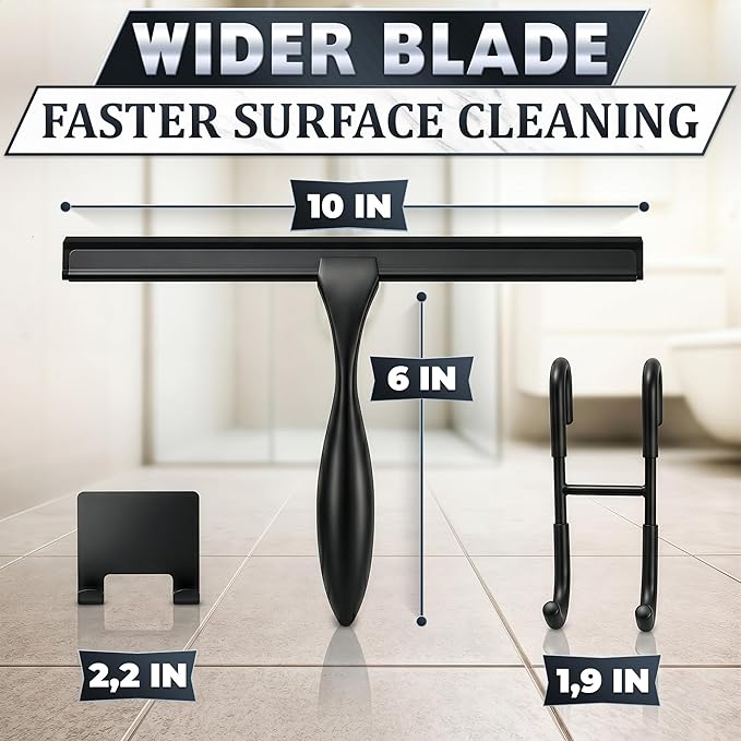 Shower Door Squeegee with Hook - 10" Silicone Blade, Stainless Steel Black Squeegee for Shower Glass with Adhesive Mount - All-Purpose Bathroom Tile, Mirror, & Window Wiper for Streak-Free Cleaning