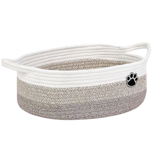 Optish Dog Toy Easter Basket, Toy Box and Bin for Dog Cat Storage, 13.5" X 11" X 5" Small Woven Rope Basket for Baby Storage, Closet, Living Room, White & Brown