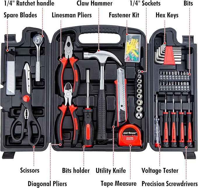 CARTMAN 140-Piece Household Tool Kit, Hand Tools Set with Organized Storage Case for Home DIY Repairs | All-in-one household tools for daily repairs & DIY projects. Portable design with tidy storage space.