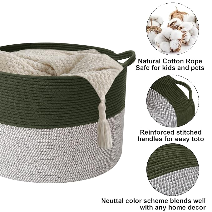 90L Extra Large Blanket Basket,Woven Laundry Basket-Green&White | Collapsible, reinforced handles, nursery storage bin organizes clothes, toys and pillows for living room, bedroom bathroom