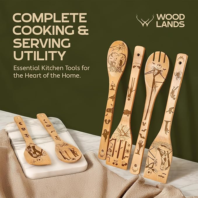 Nightmare Wooden Spoons for Cooking Before Christmas - Wooden Utensil Set with Spatulas & Spoons, Heat-Resistant, Eco-Friendly Kitchen Utensils for Non-Stick Cookware