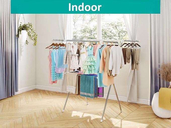 Foldable Clothes Drying Rack 63 Inch Stainless Steel, Heavy Duty Space Saving Laundry Rack Indoor Outdoor, Double Rod Design for Balcony, Laundry Room, Home