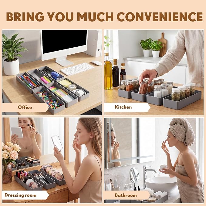 Teling 6 Pcs Grey Large Rectangular Desk Organizer Set, Half Accessory Tray, Plastic Tabletop Organizer for Office, Home, or Study, Dimensions: 9.45 x 2.95 x 1.38 Inches