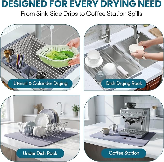Havenity™ Expandable Roll Up Dish Drying Rack with Drying Mat - Adjustable Up to 22.75" with 2 Free Attachments & 2 Removable Baskets, 304 Stainless Steel Over The Sink Dish Drying Rack Cover Kitchen