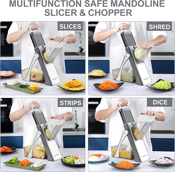 SupMaKin Upgrade Safe Mandoline Slicer, Multi Vegetable Chopper, Potato Slicer, Vegetables Slicer Onion Chopper Fry Cutter, Kitchen Chopping Artifact (GrayWhite)