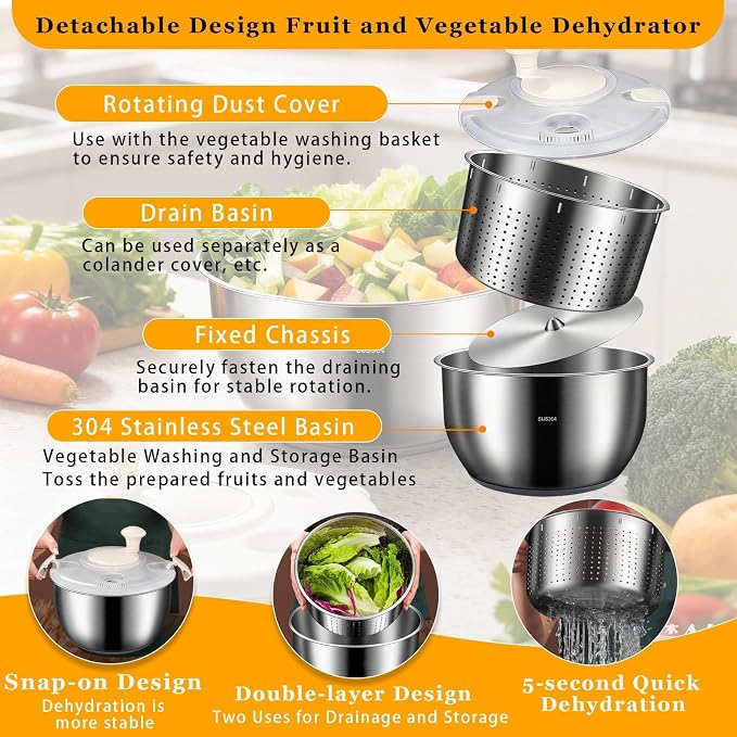 Large Salad Spinner Stainless Steel – 6L Metal Salad Spinner with PP Cover, Perfect for Dehydrating Lettuce, Vegetables, Fruits, Pasta, and Homemade French Fries