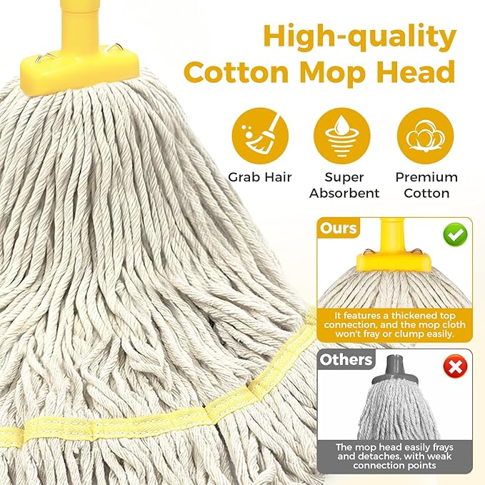 Indoor Mop with Strings for Floor Cleaning, Cotton Mops with 59” Long Handle Household String Mop for Hardwood Wood Tile Floors Cleaning,1 Mop Handle & 1 Cotton Mop Head
