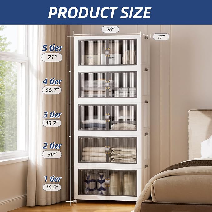 SAILUN 145Gal/580Qt Stackable Storage Bins Folding Collapsible Storage Bins with a Lid, Closet Organizers and Storage,White 26" W x 17" D x 71" H
