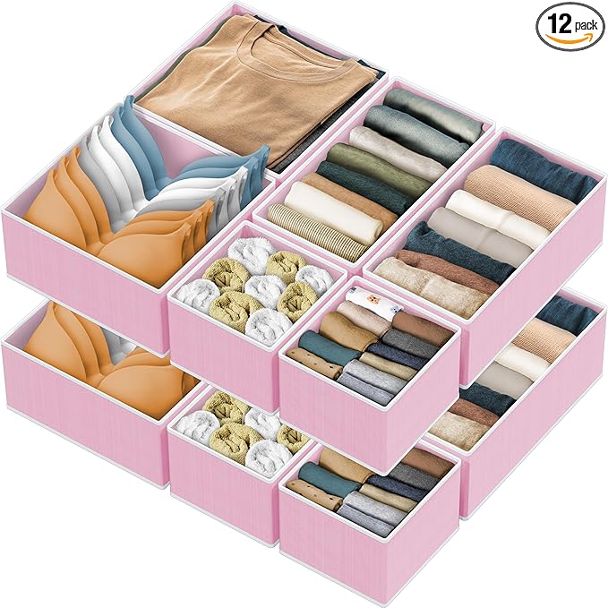 Simple Houseware Foldable Drawer Organizer Stocking Bin, Set of 12, Pink | Fabric Storage Bins for Clothes, Underwear, Bra, Panty, Socks, Onesies – Closet & Dresser Dividers for Home