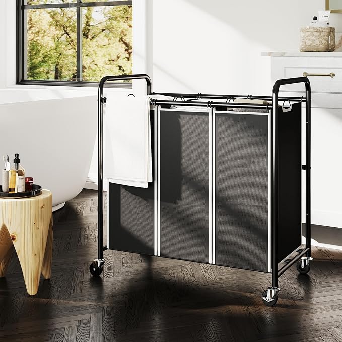 ROMOON Laundry Sorter Hamper 3 Section, Divided Laundry Basket Organizer | Rolling Clothes Hamper with Heavy Duty Lockable Wheels and Removable Bags for Apartment, Dorm & Family, 135L, Modern Black