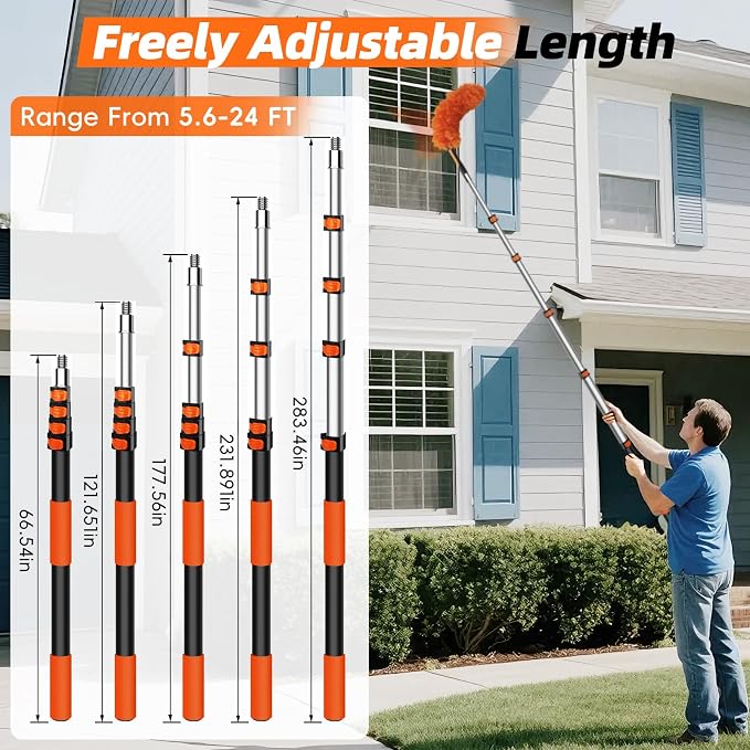 32 Foot High Dusters for Cleaning with 6-24 Foot Heavy Duty Extension Pole | High Reach Duster, Extendable Reusable Cobweb, Feather, Ceiling Fan Cleaner Duster, Window Squeegee Kit