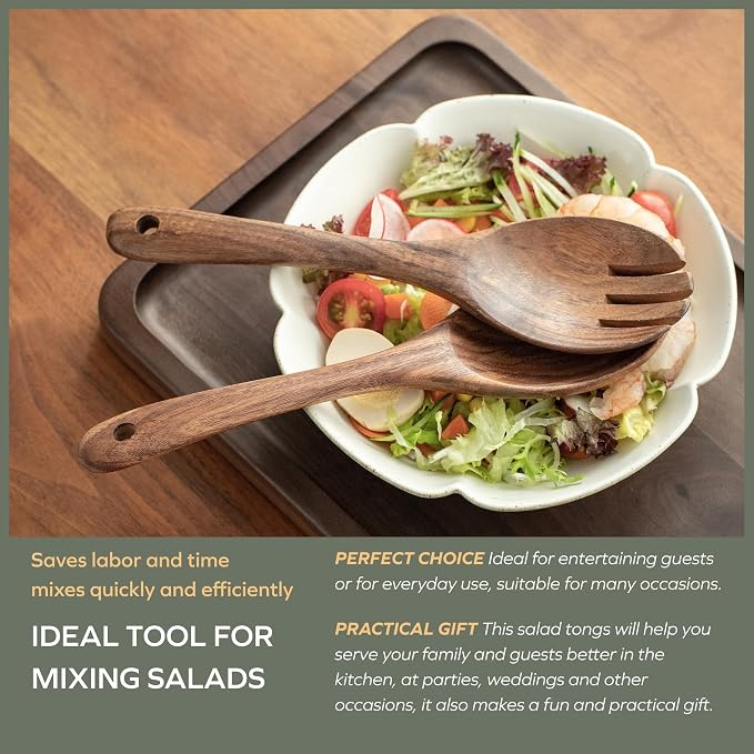 Muso Wood Acacia Salad Servers, 12-inch Wooden Salad Tongs for Serving Salad Mixes, Set of 2 (Acacia salad servers)