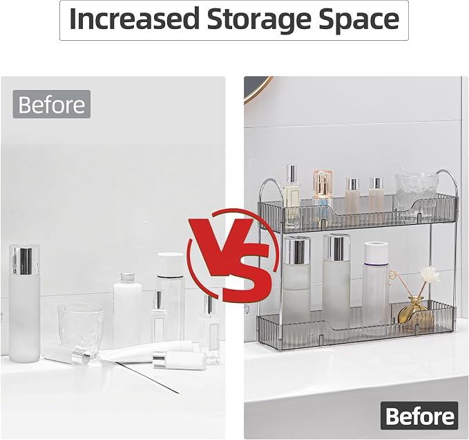 YCIA&DONE 2 Tiers Narrow Vanity Makeup Organizer, Bathroom Organizers Countertop Slim, Perfume Holder Skincare Storage Cosmetic Shelf Spice Rack, for Small Desktop Counter Space, Smoky Gray