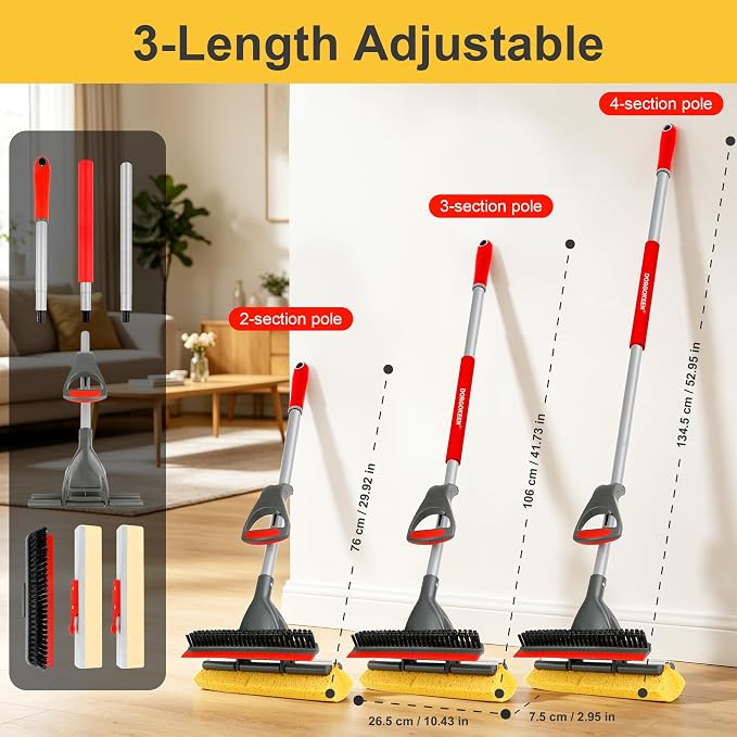 Pop-up Sponge Mop for Floor Cleaning, Home Commercial Cellulose Sponge Roller Mop with 2 Refill Heads, Includes Squeegee and Brush for Hardwood Tile Concrete Bathroom Kitchen Wall Ceiling