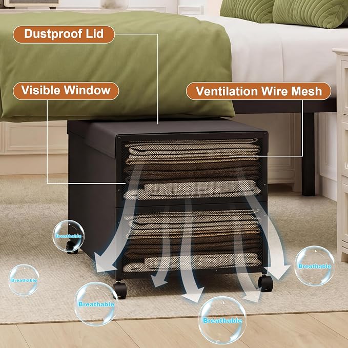 Fokyfok 2 Pack Under Bed Storage with Wheels,16 inch Tall Extra Large Under Bed Clothes Storage,Underbed Storage with Wheels,Rolling Under Bed Drawers with Lid for Dorm,College,Apartment,Black
