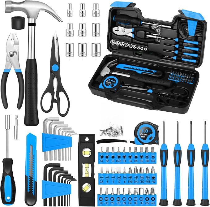 144-Piece Blue Tool Kit for Home, Household Hand Set with Plastic Toolbox | General basic repair tools for women & college students; all-purpose dorm set for home, apartment, office DIY daily repairs