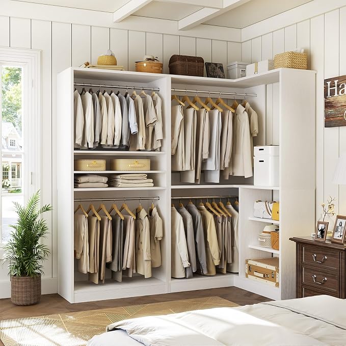 Unikito Corner Closet System, 72" L-Shaped Closet Organizer with 4 Hanging Rods, Heavy Duty Wood Garment Rack with Shelves, Freestanding Walk-in Closet Storage Tower for Bedroom, White
