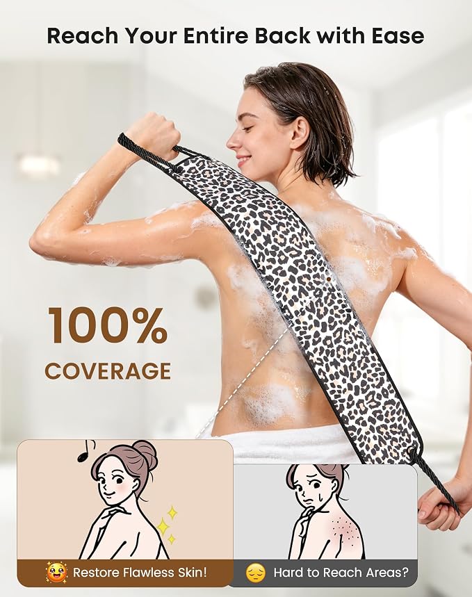 eaxun Exfoliating Back Scrubber with Two Handles & Glove for Shower, Dual-Sided Mitt and Wider Bath Exfoliator with Mesh Loofah for Men, Women, Elderly, Deep Cleansing Body Washer Set - Leopard
