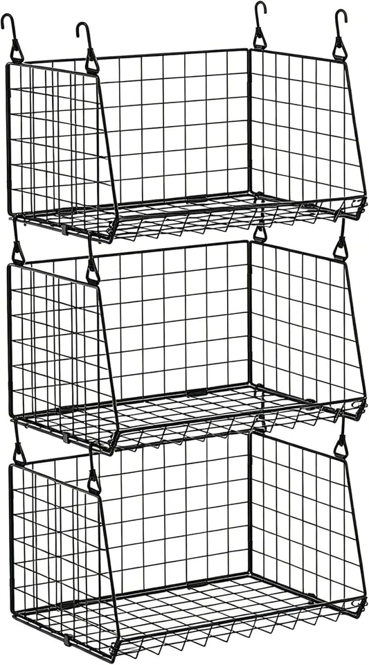 3-Pack Hanging Laundry Room Organizaton：Foldable Laundry Basket Wire Basket with 360°Rotating Hooks Small Space Organization Over Washer and Dryer Shelves - Hanging Closet Organizer, Black Patent