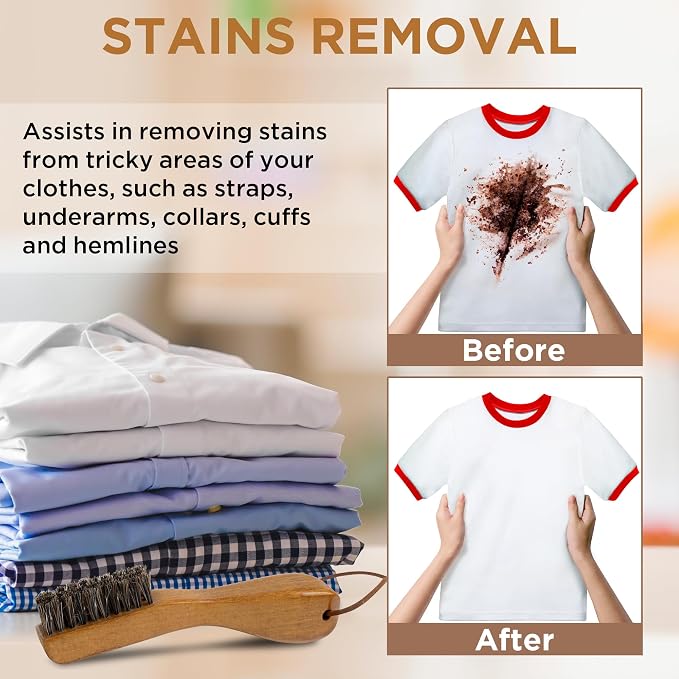 Laundry Stain Brush, Soft Natural Horse Hair, Safe on Delicates 2pcs | Clothes Cleaning Scrubber, Stain Remover for Shirts, Collars, Cuffs & Shoes, Curved Beech Wood Handle with Hanging Loop