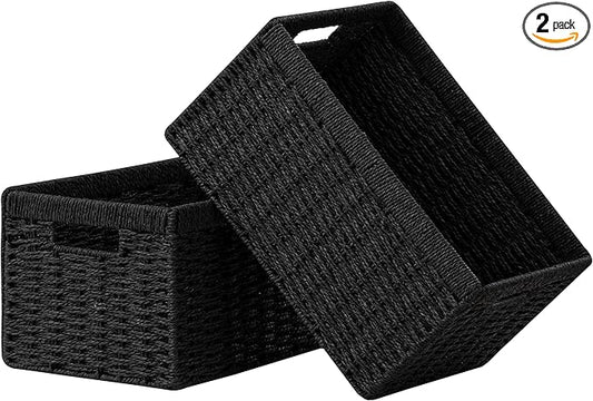 UBBCARE 2 Pack Wicker Basket, 13.4L×8.3H×7.1W inch Woven Paper Rope Storage Baskets for shelves, Foldable Rectangular Storage Baskets with Handle, Storage Basket for Organizing, （Black,2pack Medium）