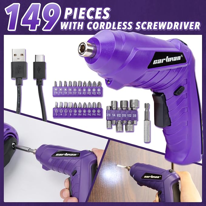 CARTMAN 149PCS Tool Set, Purple Cordless Screwdriver, Home Repair Tool Kit | Complete tool assortment with cordless screwdriver for home repairs, office fixes, furniture setup crafting, and daily tasks.