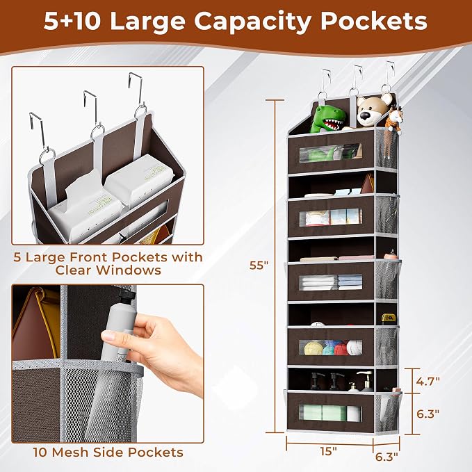 2 Pack 5 Tier Over The Door Organizer - Large Capacity Behind Door Hanging Shelves with 10 Mesh Pockets and Clear Windows, Closet Organizers and Storage for Bathroom, Bedroom, Nursery, Brown