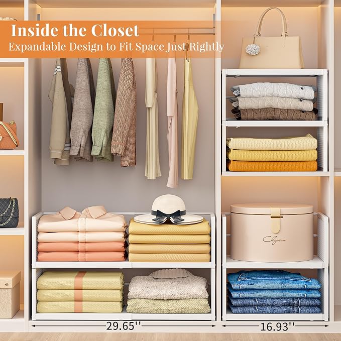 Expandable Closet Organizers and Storage, 2 Pack Stackable Closet Shelves | Metal Expandable Clothes Sweater Shelf Organizer for Closet