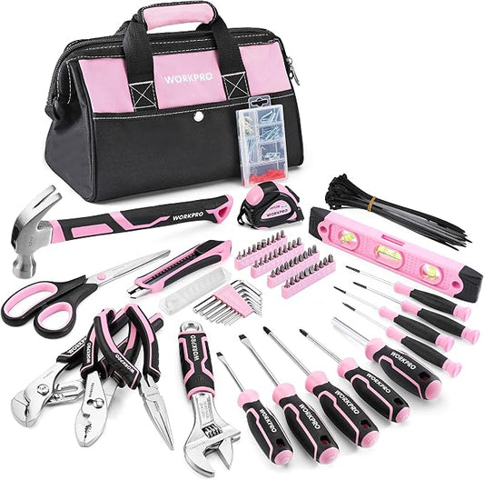 WORKPRO 277PCS Pink Tool Set, Portable Home Repairing Tool Kit for Women | with 13" Wide Mouth Open Storage Tool Bag, Home Tool Box Including Hammer, Screwdrivers, Pliers, Wrench and Household Tools