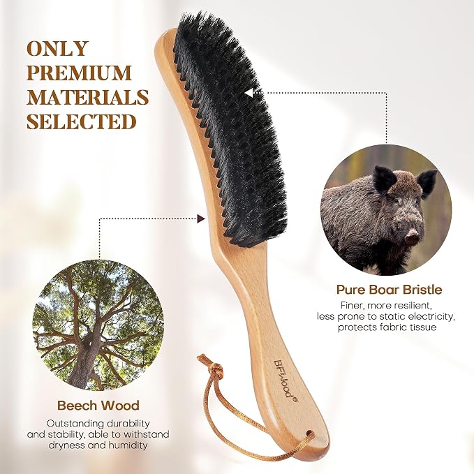 Clothes Brush, Boar Bristle Hat Brush Lint Brush for Suits, Cashmere, Wool, Velvet, Suede and Pet Hair, Large Beech Handle