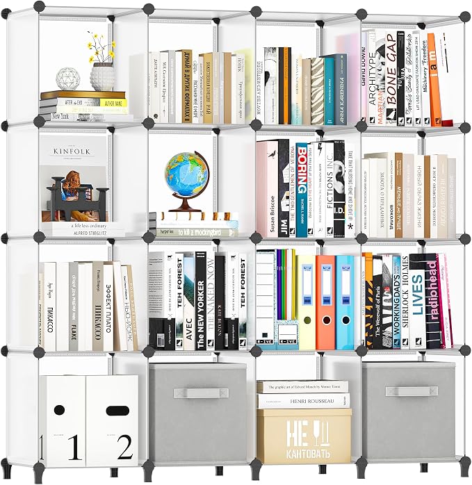 HOMIDEC Closet Organizers and Storage, 16 Cube Storage Organizer, Closet Organizer Bookshelf Cubes Shelves for Clothes, Bedroom, Kids Room, Bathroom, Wardrobe, Garment Racks, Transparent