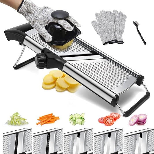 Mandoline Slicer for Kitchen, Stainless Steel adjustable Mandoline slicer, Non-Slip Mandolin with 4 Blades,Vegetable & Fruit Slicer for Potato,Tomato,onion,cucumber,with Cut-Resistant Gloves,Brush
