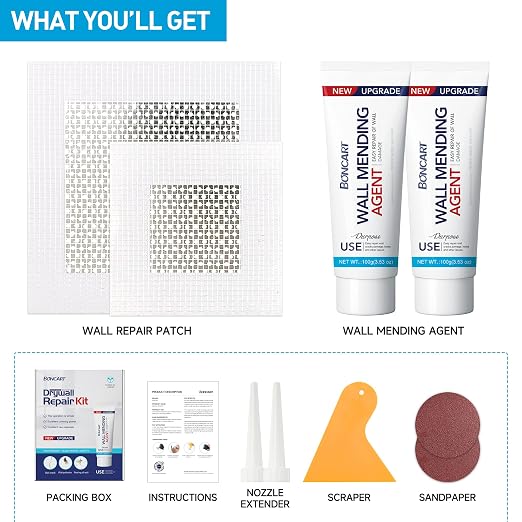 BONCART Spackle Wall Repair Kit, Drywall Repair Patch Kit with Tools | Includes Scraper, Sandpaper, And Aluminum Patches. For Nail Holes and Cracks