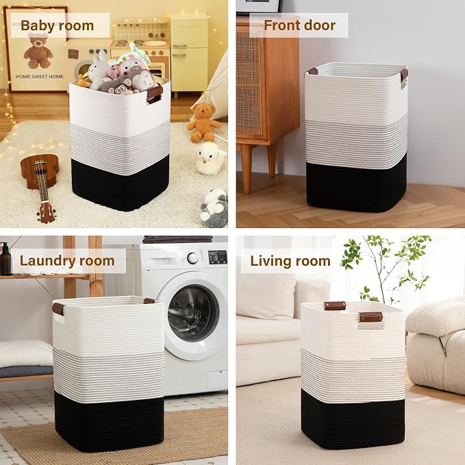 Laundry Hamper 96L Extra Large Laundry Basket, Woven Blanket Basket | Cotton Woven Storage Hamper with Handles for Living Room, Large Baskets for Pillows, Blankets, Clothes-Gradient Black