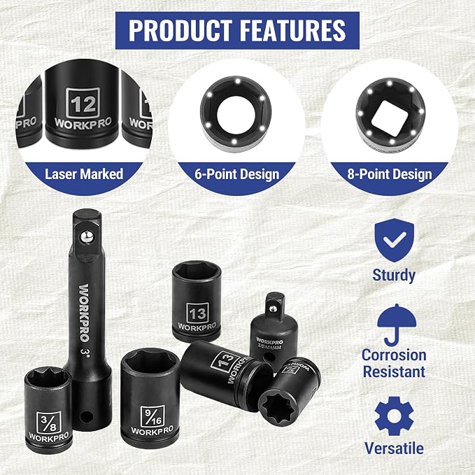 WORKPRO 39PC Drive Black Phosphate Finish CR-V Socket Set(1/4" & 3/8") | Metric & SAE, Quick-Release Ratchet Wrench, Extension Bar, Spinner Handle & Adapter, Compact, Automotive Repair