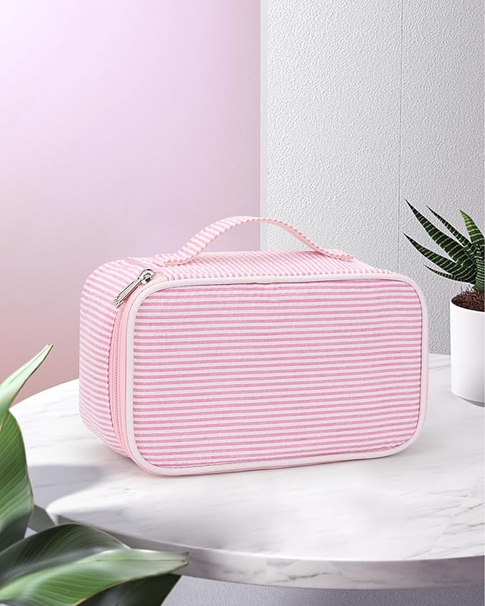Relavel Pink Makeup Bag, Dual-Layer Cute Travel Cosmetic Bag with Make Up Brush Compartment, Multi-Functional Small Toiletry Organizer, Preppy Accessories for Daily Use, Pink Strip
