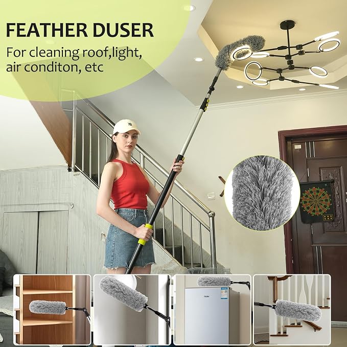【Upgrade Anti Rotation 】 20FT High Reach Duster Kit,Lightweight Aluminum Alloy Extension Rod,5-Piece Set,210° Steering Head Clean Various Angle,for Cleaning Ceiling,High Wall
