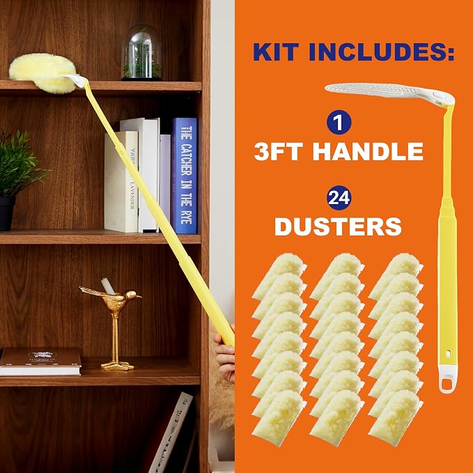 JOYMOOP Scented Telescopic Duster kit, 3FT Extendable Handle (Yellow) + 24 Yellow Refills for Swiffer Feather Duster,Easy Cleaning for Ceilings, Ceiling Fans, Blinds, Vents & Shelves