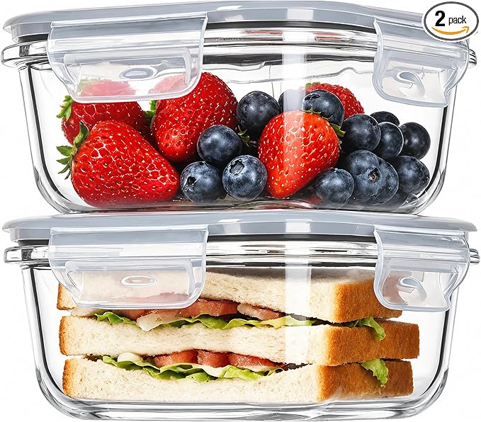 Vtopmart 2Pack 17.5oz Glass Meal Prep Food Container Sets with Lids | Glass Storage Containers with Snap Airtight Lids for Microwave, Oven, Freezer and Dishwasher, BPA Free