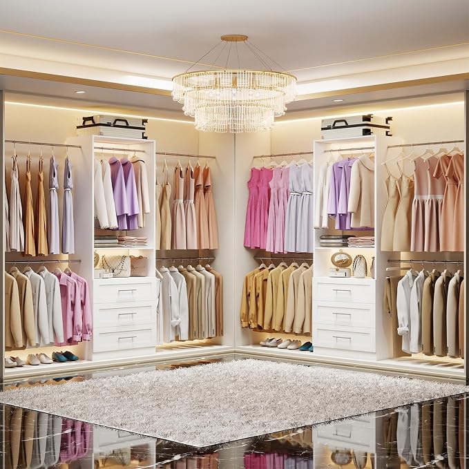 Closet System with 6 Drawers, 4FT-15FT 2-Piece Closet System, Walk in Closet Organizer System, Modular Closet System with 10 Adjustable Hanging Rods & Shelves, Closet Storage System for Bedroom, White