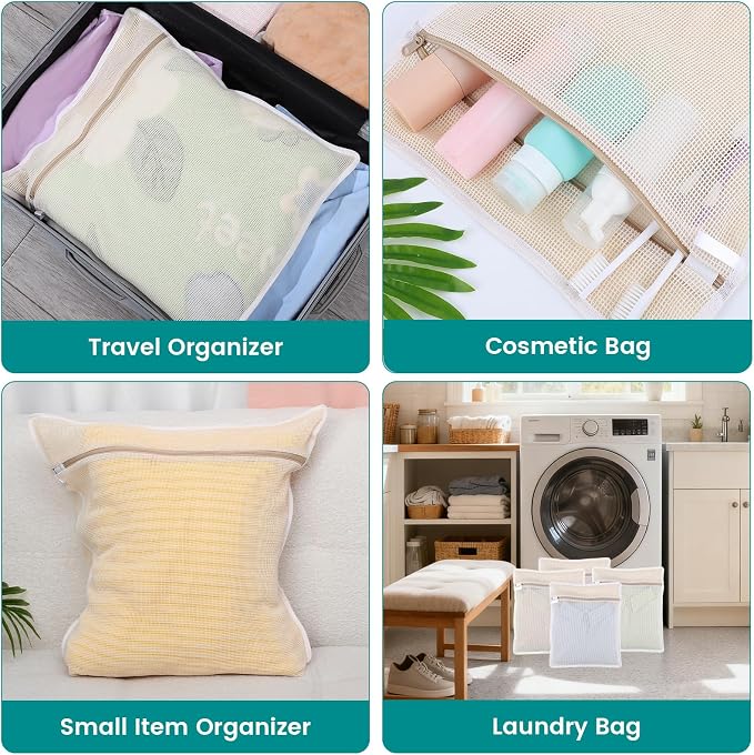 4 Pack Durable Cotton Mesh Laundry Bags for Delicates - 20×24inch Laundry Bags Mesh Wash Bags with Sturdy Zipper for Underwear Bras Socks Clothes Storage Natural Cotton Washing Machine Safe