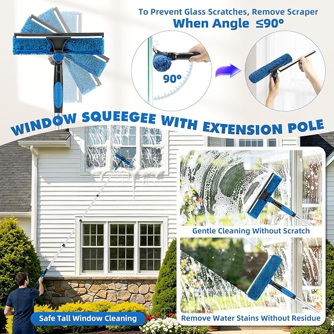 LOVECO Duster Kit with 3-12FT Extension Pole for High Ceilings Cleaning | 7 Pcs Include Cobweb Brush, Window Squeegee, Long Fan Duster, Wall Mop Head to Clean Dust, Hair & Cobweb on Various Surfaces